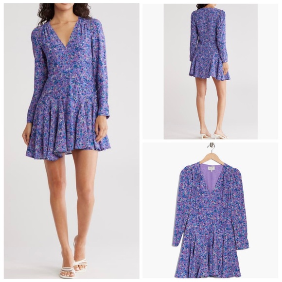 Joie Rowley Pleated Purple Floral Long Sleeve Dress - Picture 1 of 9
